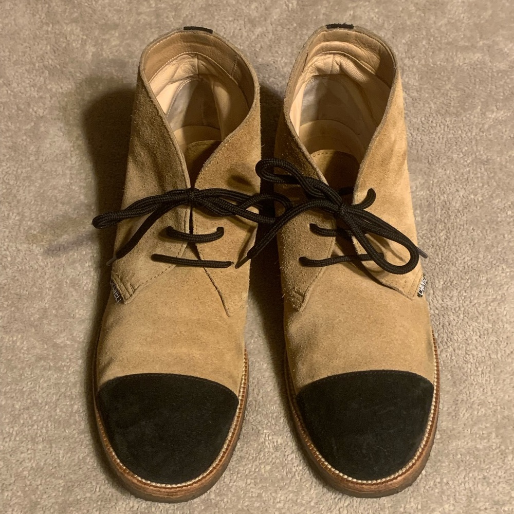 CHANEL Suede Black Cap Toe Boots Tan And Black - Wood And Gum Sole Womens Size 8